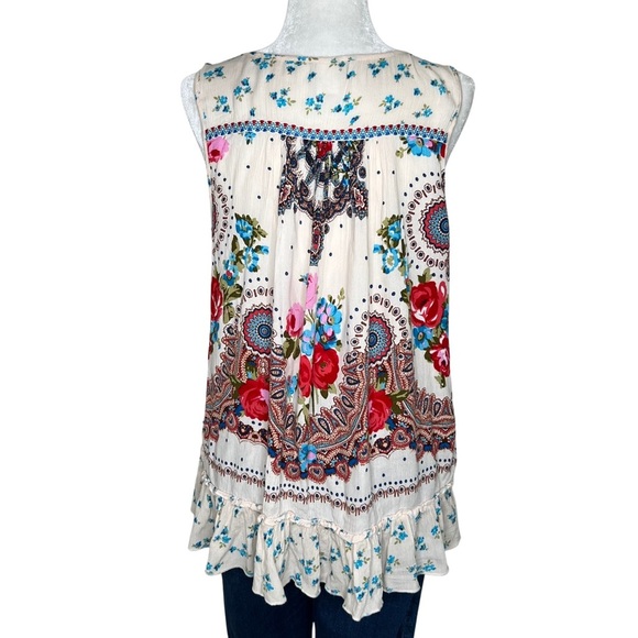 Bila Tank Top Jessica Sleeveless Tie Neck Blouse Bohemian Floral Cream Medium M - Picture 16 of 17